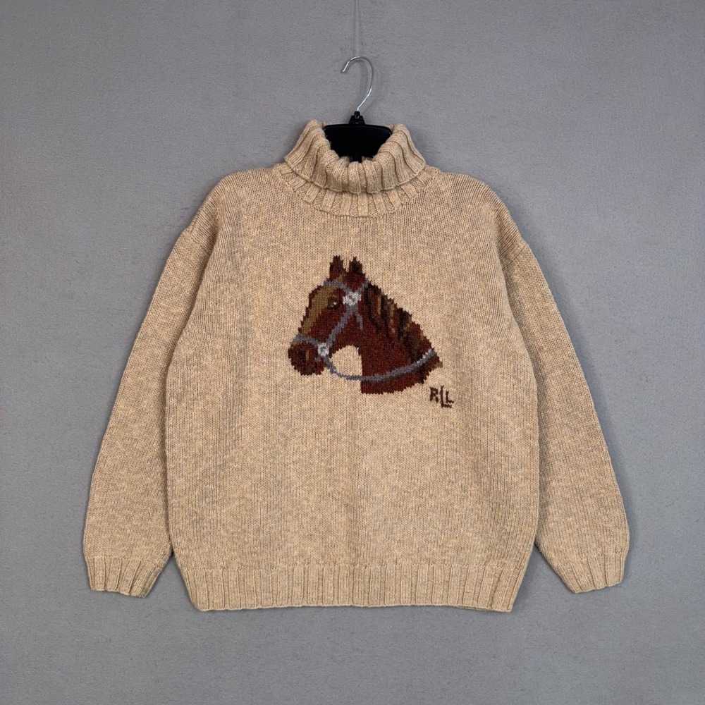 Lauren Ralph Lauren Sweater Womens Large Tan Horse Intarsia Hand Knit Equestrian